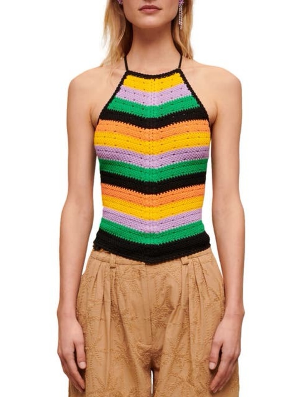 MAJE Matrix Crochet Halter Top NWT Multicolor Open Back Lace-Up Knit Size 2